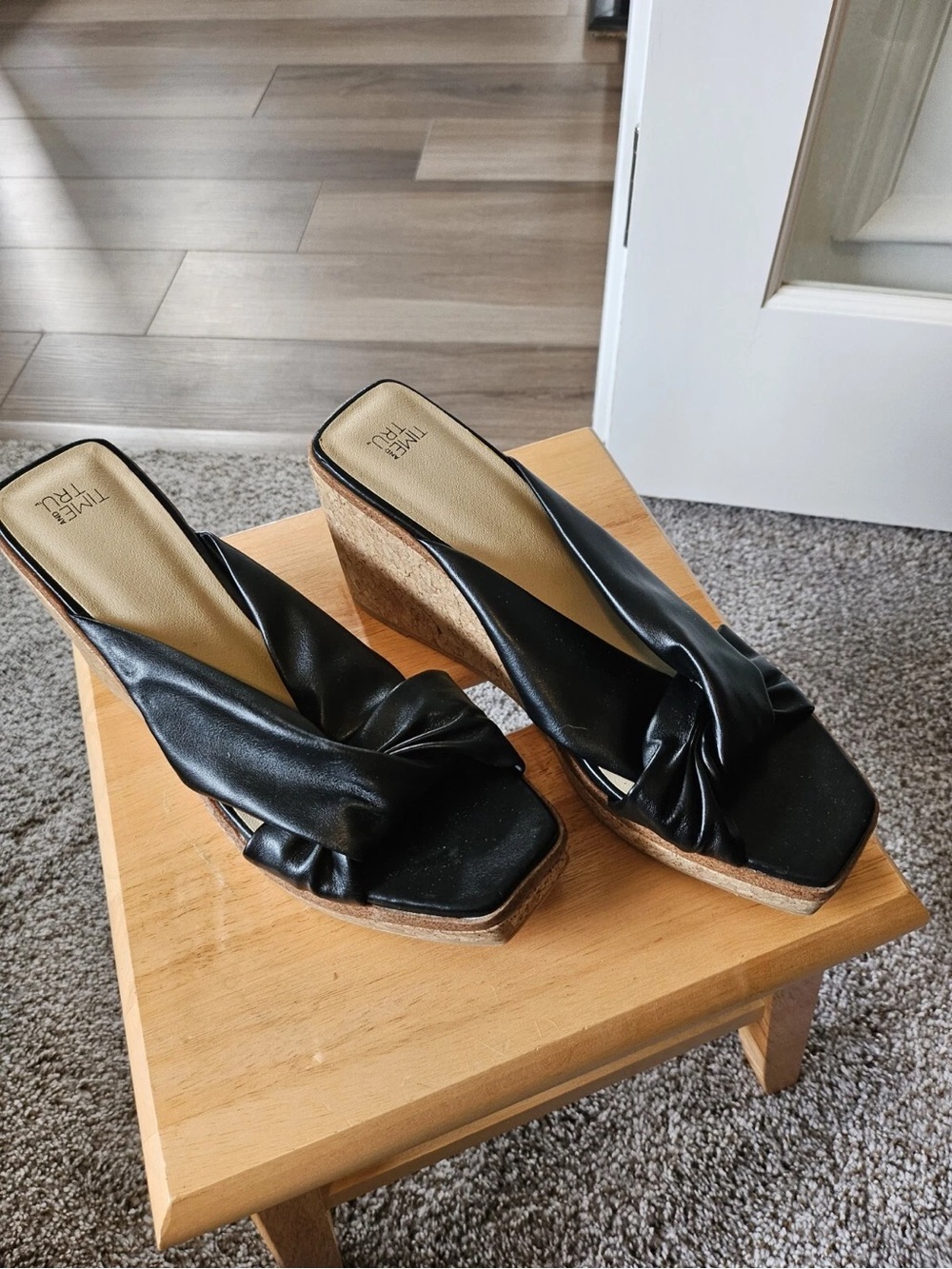 Time and Tru Black Knotted Faux-Leather Cork Wedge Slides